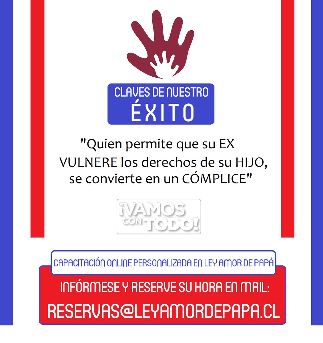 AmordePapa's tweet photo. SABEMOS, por eso ¡VAMOS CON TODO EN LA DEFENSA DE LOS DERECHOS DE QUIENES MÁS AMAMOS!

Sólo de Ud. depende ACCIONAR CORRECTA Y OPORTUNAMENTE para NO FALLARLE a quien MÁS AMA

INFÓRMESE/INSCRÍBASE escribiendo a reservas@leyamordepapa.cl

@AmordePapa

https://t.co/JvIp16yZ1n https://t.co/rtIlnUVbAA