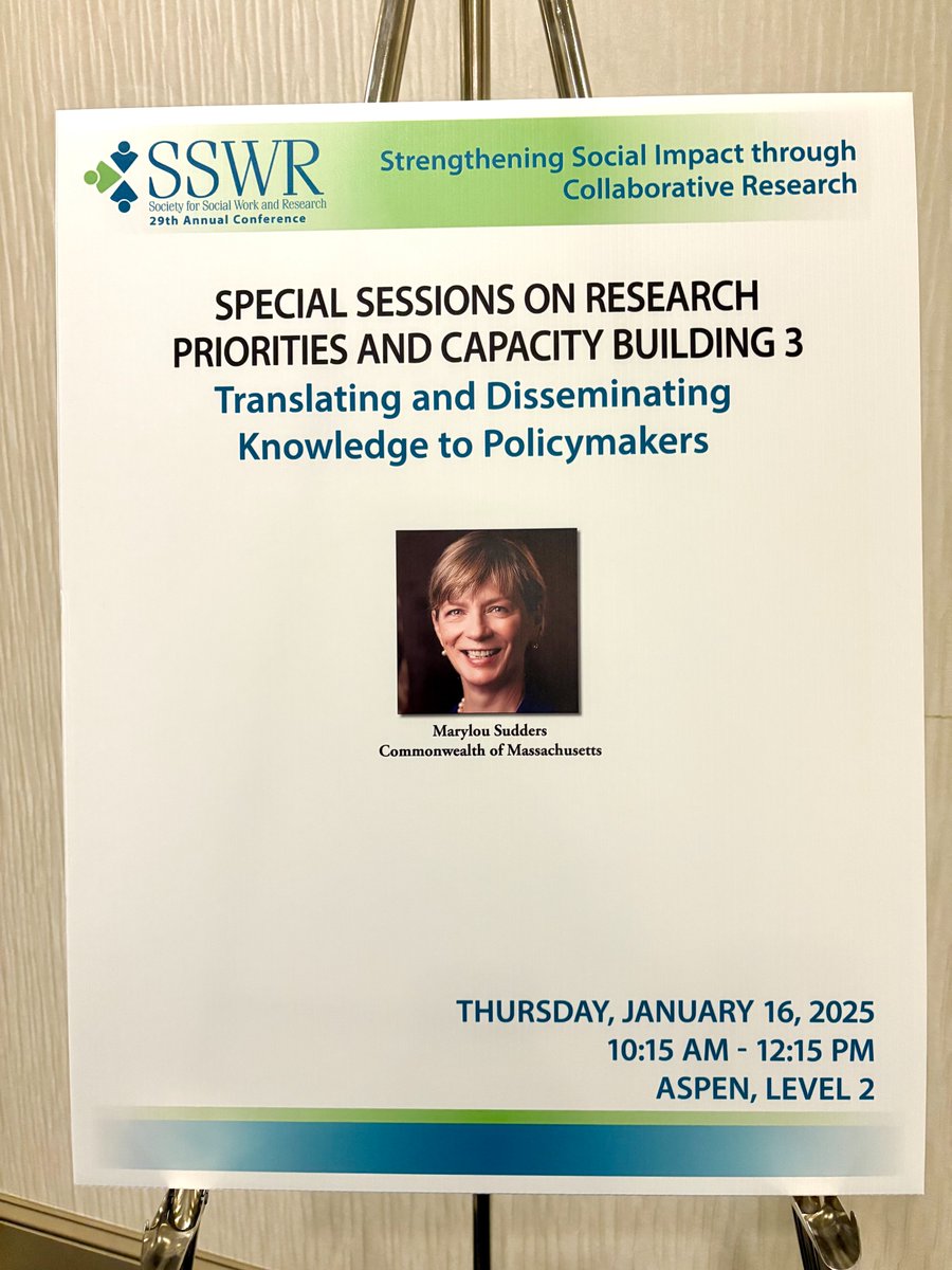 BUSSW's tweet photo. Happening now! Full house at the #SSWR2025 special session "Translating &amp; Disseminating Knowledge to Policymakers," presented by former Secretary of Health &amp; Human Services of Massachusetts @MLSudders, a BUSSW alum and chair of our Dean's Advisory Board. https://t.co/Kn8ARqFMHr