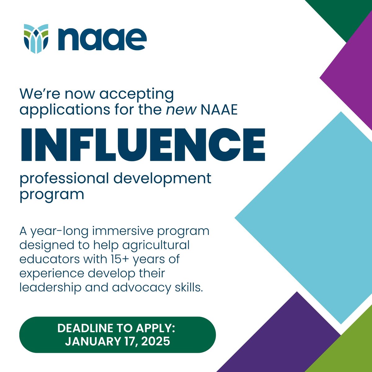 Applications for INFLUENCE—our new, year-long year-long immersive program designed to help agricultural educators with 15+ years of experience develop their leadership and advocacy skills—are due tomorrow!  Apply today! #TeachAg ➡️ bit.ly/4a45Jxh
