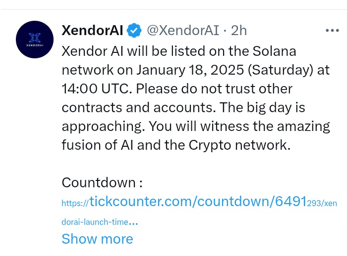 🔥 XEDor AI Airdrop 

Link 
xendorai.com/airdrop

- Paste your sol address 
- Complete tasks ( just go and come back)
- Make sure you do the last task that ask you to submit link 
- Done

Ends in 2 days