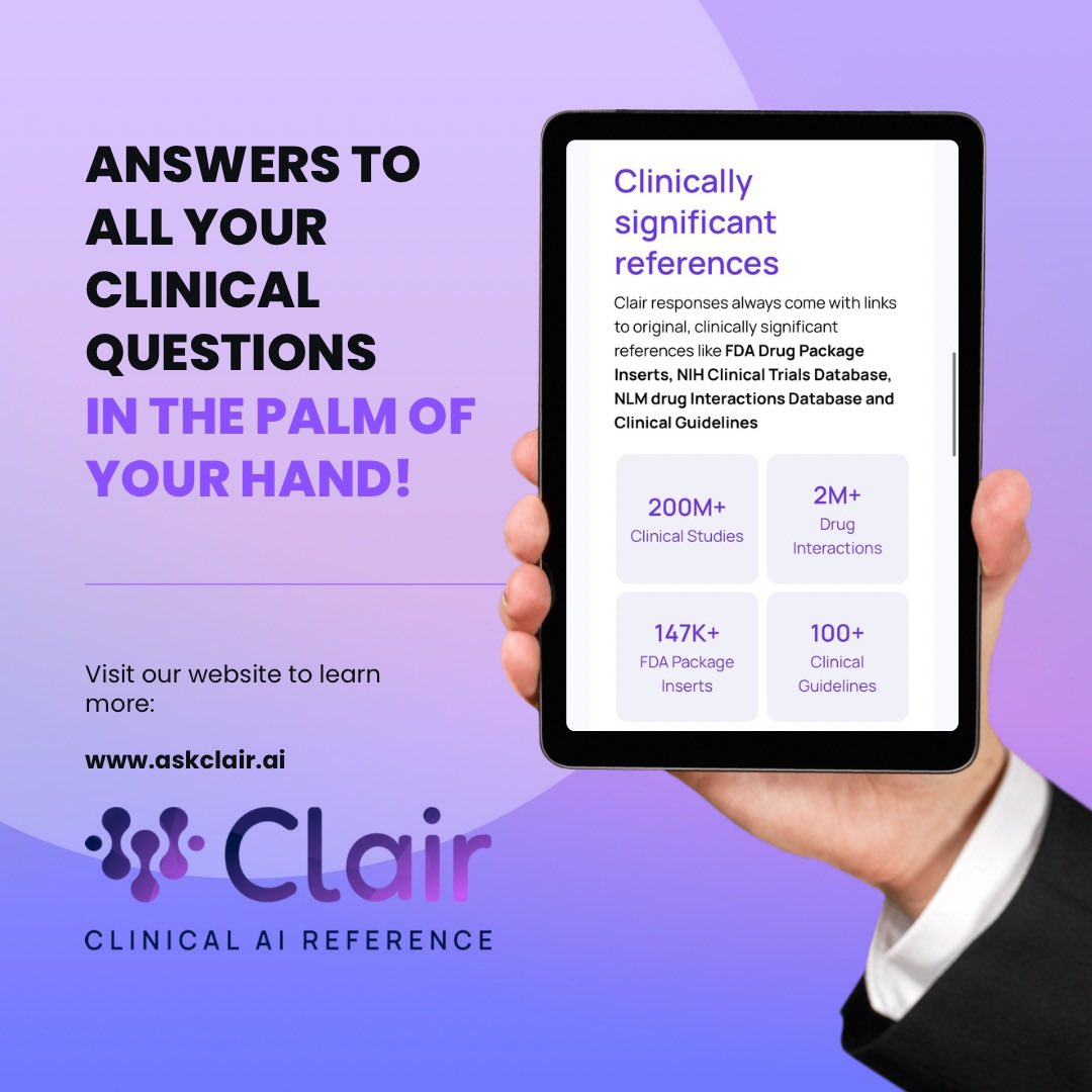 AskClairAI's tweet photo. Imagine cutting search time by 90% with ultra-accurate answers curated from 200M+ clinical studies. Clair's intuitive design and data analytics streamline processes and optimize patient care decision-making. Let Clair elevate your healthcare operations! https://t.co/lf9jHU08Kg https://t.co/WyQg746qte