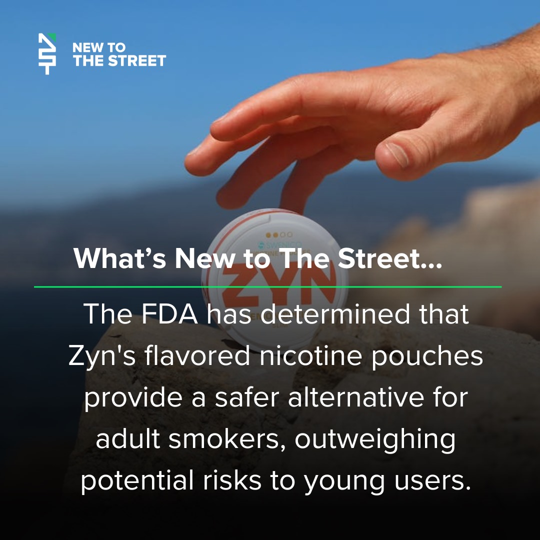 What's New to The Street...

🚨 FDA Grants Approval for Flavored Zyn Nicotine Pouches to Stay on the Market 🚨  

The FDA has determined that Zyn's flavored nicotine pouches provide a safer alternative for adult smokers, outweighing potential risks to young users. This decision