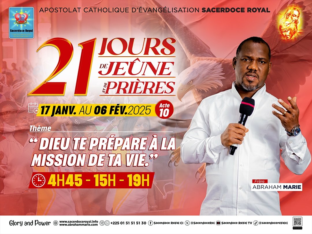 SacerdoceRoi's tweet photo. « DIEU te prépare à la mission de ta vie »

Du 17 janvier au 6 février, jeûnons et prions pour entrer pleinement dans le plan de DIEU pour nous en cette année 2025.

Retrouvons-nous dès demain à 4h45, 15h et 19h GMT pour élever nos voix et nos cœurs, sur tous nos canaux officiels https://t.co/pFmlOPP9ne