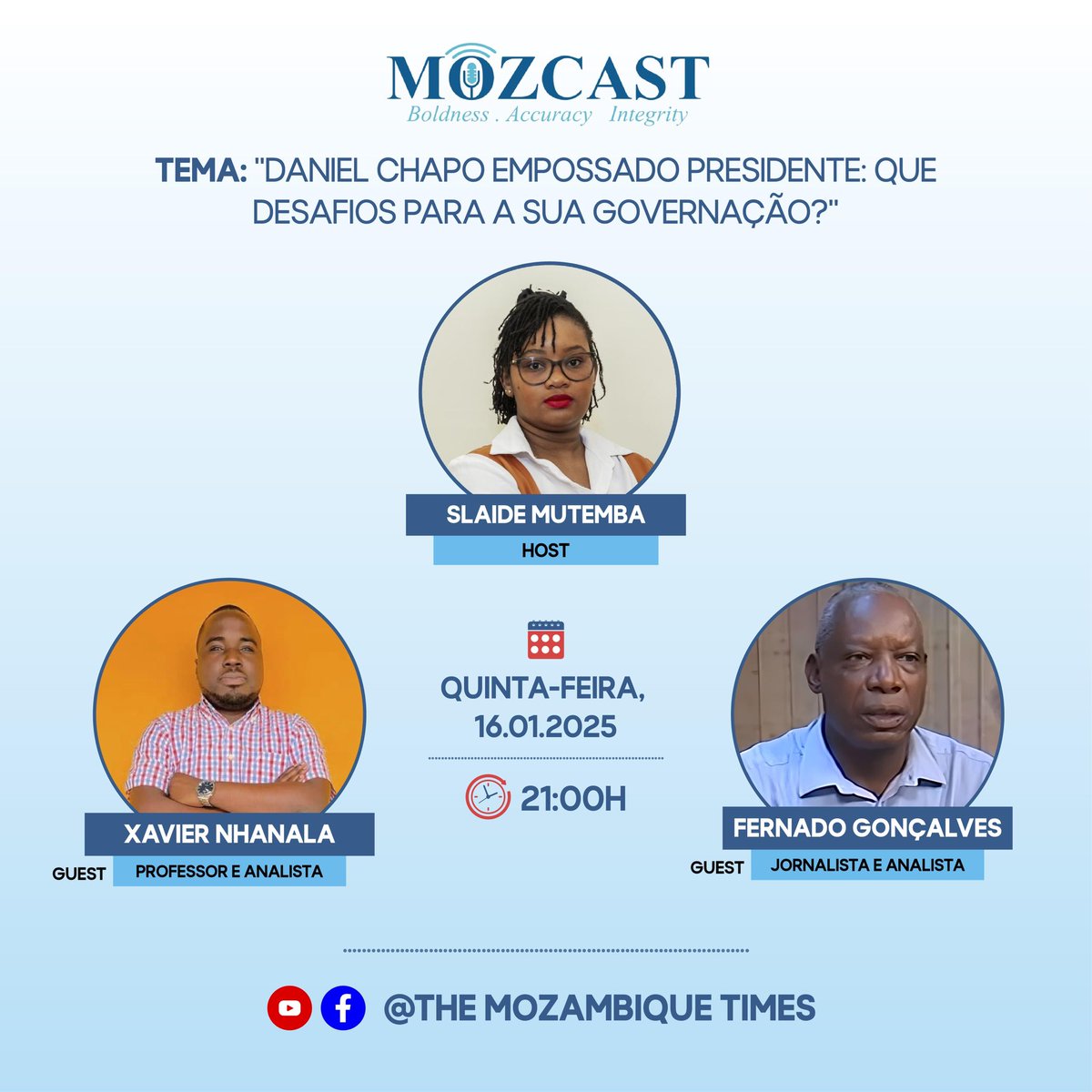 MOZ_TIMES's tweet photo. WE’RE LIVE
#MOZCAST 🎙️
Tema: “Daniel Chapo empossado Presidente: Que desafios para a sua governação?”
https://t.co/pDnwCdoWpB https://t.co/ZeIBjjt29s