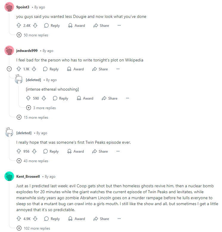 The real-time reaction on Reddit to Ep. 8 of David Lynch's "Twin Peaks: The Return," the strangest and most rewarding television show I've ever seen.