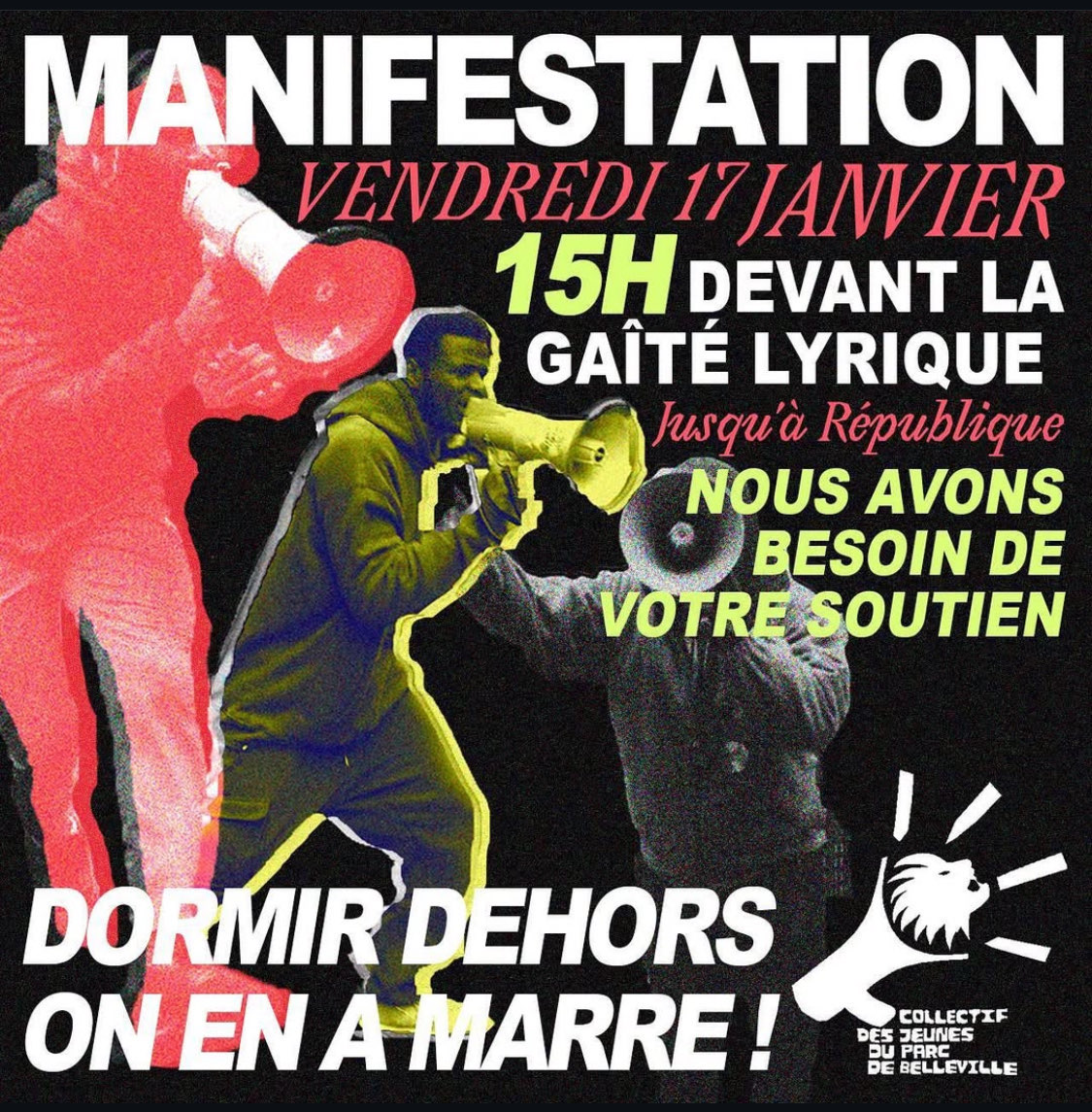 🔴 L'heure est grave ! La Mairie de Paris a entamé une procédure d'expulsion contre les mineur·e·s isolé·e·s. Marchons ensemble contre la répression !
Manifestation vendredi 17 janvier à 15h au départ de la Gaîté lyrique occupée ✊