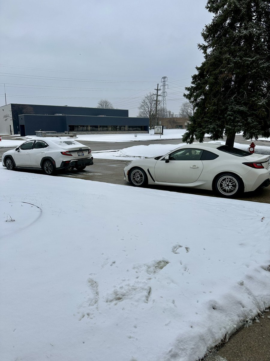 OAKOS's tweet photo. Our two newest Subarus. Both on snow tires. The WRX will get you there for sure but the BRZ will get you there with a smile. 😊 https://t.co/yvSaeKxT5K