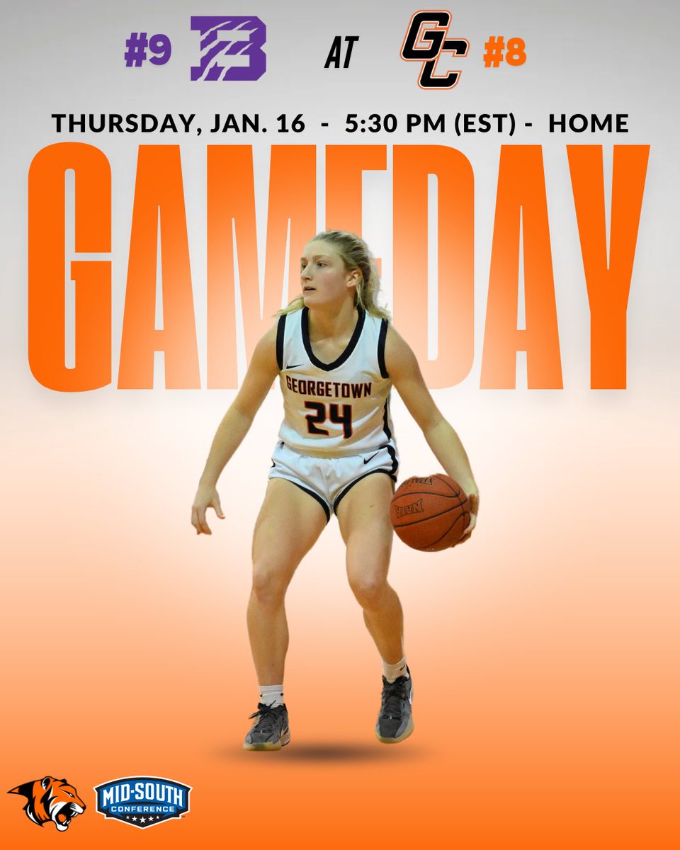 GAME DAY!! Top 10 match up at home!
🐅🧡🏀

🆚   Bethel (TN) University 
⏰   5:30 PM EST 
📍   Davis Reid Alumni Gym 
📺   m.youtube.com/@georgetowntig…