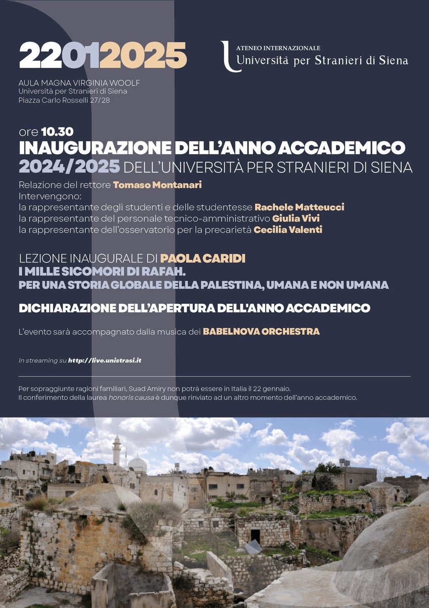 Università per Stranieri di Siena (@unistrasiena) on Twitter photo #InaugurazioneAnnoAccademico
Dopo la relazione del rettore <a href="/tomasomontanari/">Tomaso Montanari</a> e gli interventi di Rachele Matteucci Giulia Vivi e Cecilia Vslenti, la lezione inaugurale sarà tenuta da Paola Caridi. #InaugurazioneAnnoAccademico
Dopo la relazione del rettore <a href="/tomasomontanari/">Tomaso Montanari</a> e gli interventi di Rachele Matteucci Giulia Vivi e Cecilia Vslenti, la lezione inaugurale sarà tenuta da Paola Caridi.