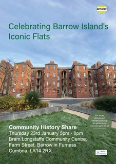 Cumbria Archives (@cumbriaarchives) on Twitter photo Join us at Celebrating Barrow Island’s iconic flats event 23 Jan 5-8pm Bram Longstaffe Community Centre. Talks by Susan Benson Barrow Archives and historian Charlie MacKeith. Refreshments. Bring photos and your memories of the flats. Book 01229 825085 rachel.barker@art-gene.co.uk Join us at Celebrating Barrow Island’s iconic flats event 23 Jan 5-8pm Bram Longstaffe Community Centre. Talks by Susan Benson Barrow Archives and historian Charlie MacKeith. Refreshments. Bring photos and your memories of the flats. Book 01229 825085 rachel.barker@art-gene.co.uk