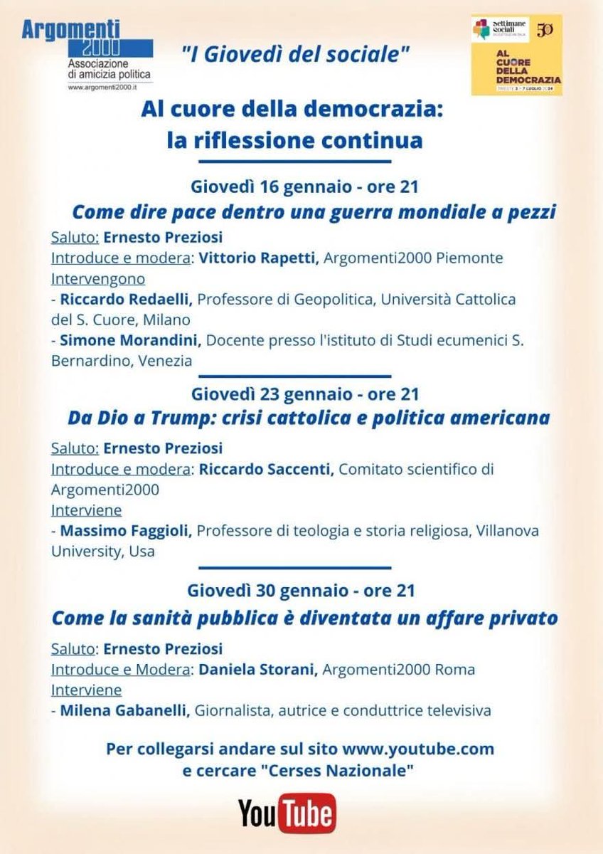 CinziaDocile1's tweet photo. #Argomenti2000 
Al cuore della #democrazia: la riflessione continua. A noi piace #pensarepolitico e #partecipare 
3 appuntamenti x ascoltare, intervenire, condividere, elaborare, perché la nostra speranza non sia inoperosa, come ci ha ricordato il Pres. Mattarella. Save the date! https://t.co/9OoHxK2cpu
