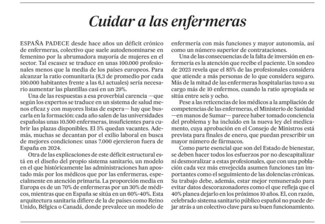 Cuidar a las enfermeras… vía <a href="/el_pais/">EL PAÍS</a> 
“Como parte esencial que son del Estado de Bienestar, se debe hacer todos los esfuerzos para no descapitalizar ni desmoralizar a estas profesionales, que con una población cada vez más envejecida asumen funciones tan importantes como el