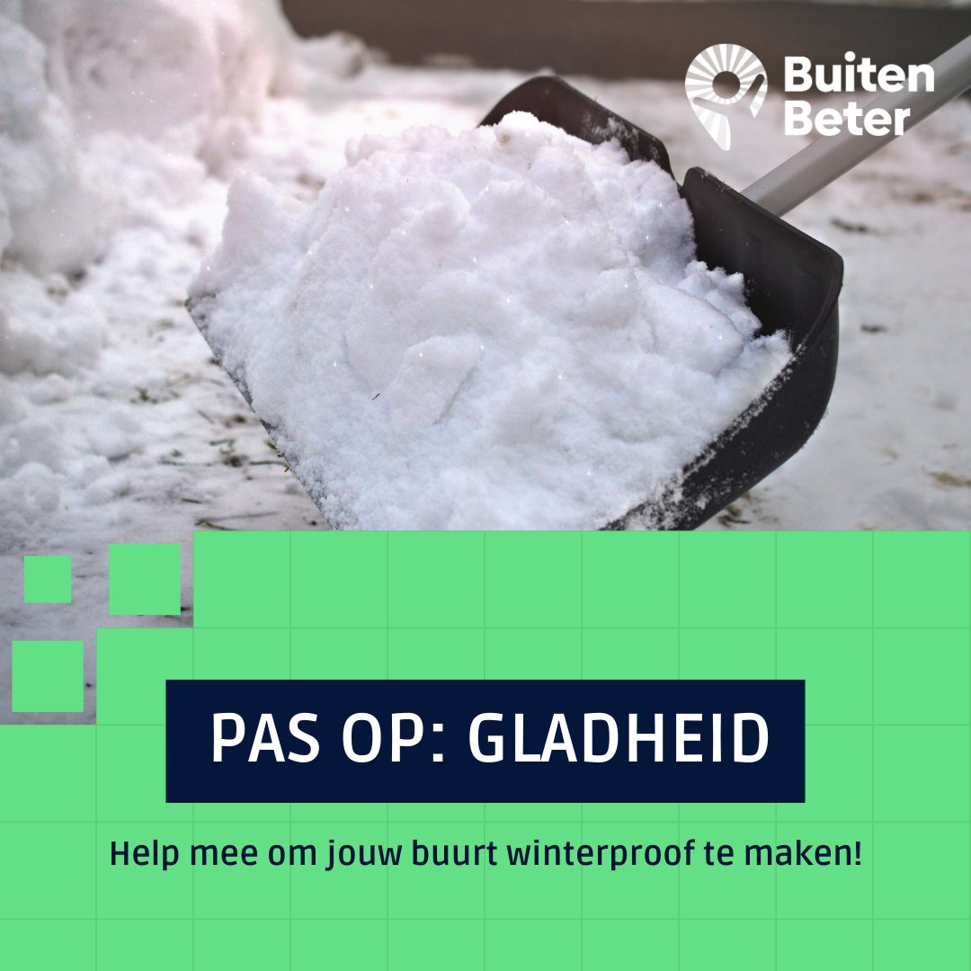 De winter brengt gladde stoepen en ijsplekken met zich mee. Zie je een gevaarlijke situatie, zoals een spekgladde stoep, een bevroren fietspad of een plek waar strooizout nodig is? Meld het eenvoudig in de BuitenBeter app! Zo help je mee om jouw buurt winterproof te maken ❄️