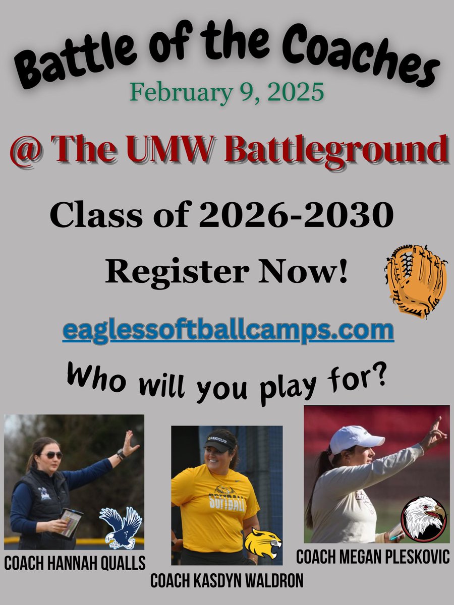 Just a few weeks away! Come join team Crimson and take on <a href="/Hquallsumw/">Hannah Qualls</a> and <a href="/Kazdynn/">Kazdyn Waldron</a> at Battle of the Coaches next month!

eaglessoftballcamps.com