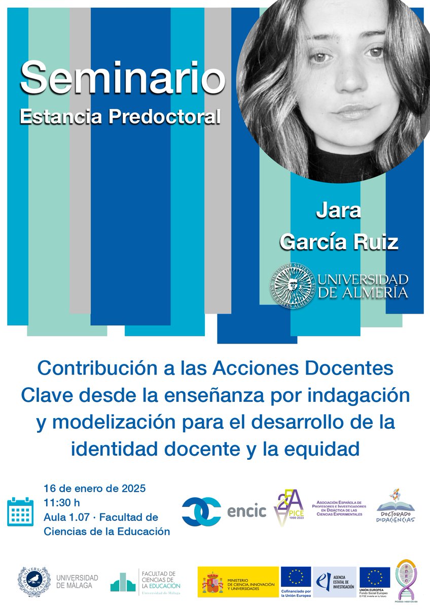 🎓📢 Seminario Predoctoral

🗓️ 16 de enero de 2025
⏰11:30 h
📍Aula 1.07, Facultad de Ciencias de la Educación
👩‍🏫 Ponente: Jara García Ruiz (Universidad de Almería)

#Seminario #Educación #Innovación #Investigación #IdentidadDocente #ENCIC