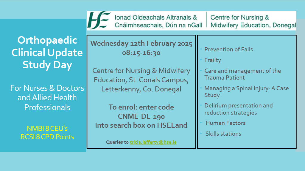 CNME Donegal (@cnme_donegal) on Twitter photo Orthopaedic Clinical Update Study Day- for nurse, doctors and allied health professionals. Wed 12th February 2025. Enrol through HSELanD using code CNME-DL-190 <a href="/NMPDUNorthWest/">NMPDUNorthWest</a> <a href="/CNMESligo/">CNME Sligo, Leitrim and West Cavan</a> Orthopaedic Clinical Update Study Day- for nurse, doctors and allied health professionals. Wed 12th February 2025. Enrol through HSELanD using code CNME-DL-190 <a href="/NMPDUNorthWest/">NMPDUNorthWest</a> <a href="/CNMESligo/">CNME Sligo, Leitrim and West Cavan</a>