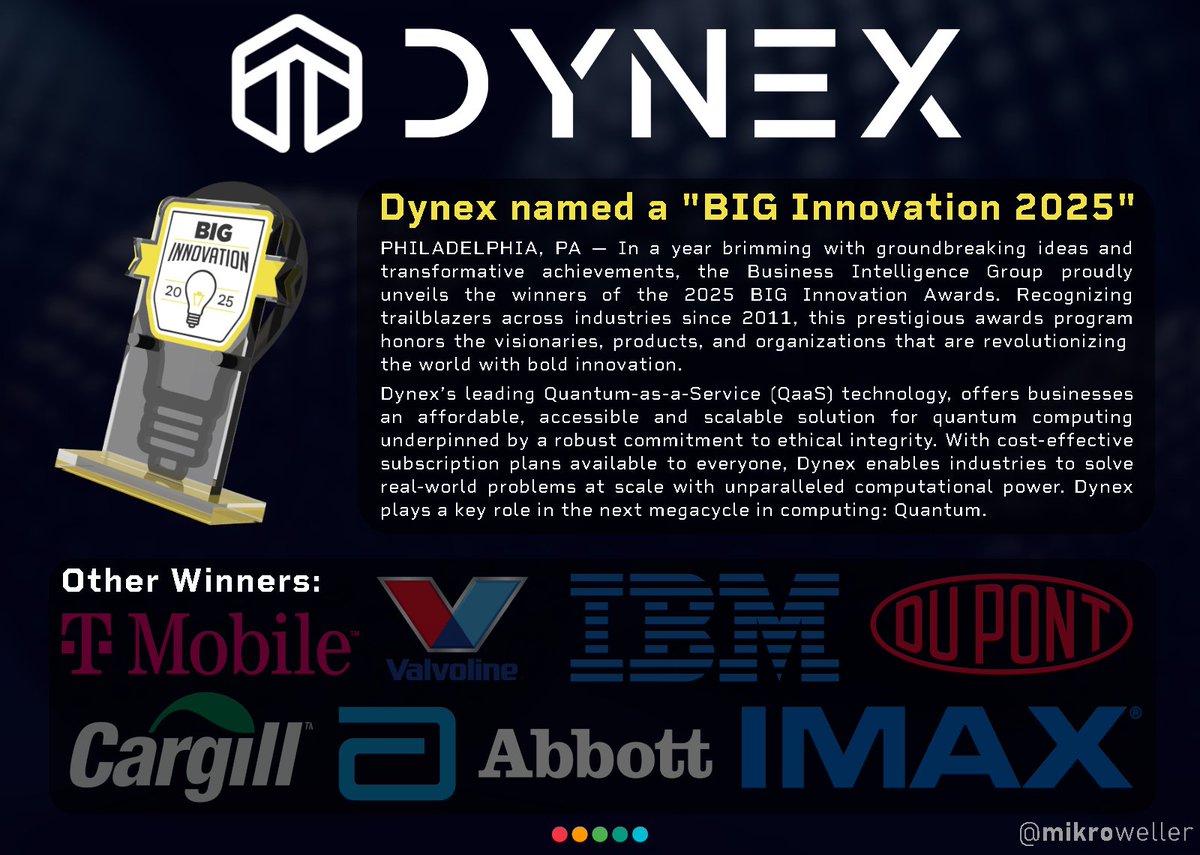 mikroweller's tweet photo. $DNX just won another BIG award 🤯

In the last 3 months they won:
🏆 Technologist of the Year 2024
🏆 Next Big Thing in Tech 2024 
🏆 BIG Innovation 2025

The @dynexcoin business is flourishing & with the crypto side being a main focus in 2025, we should see a rapid repricing 📈