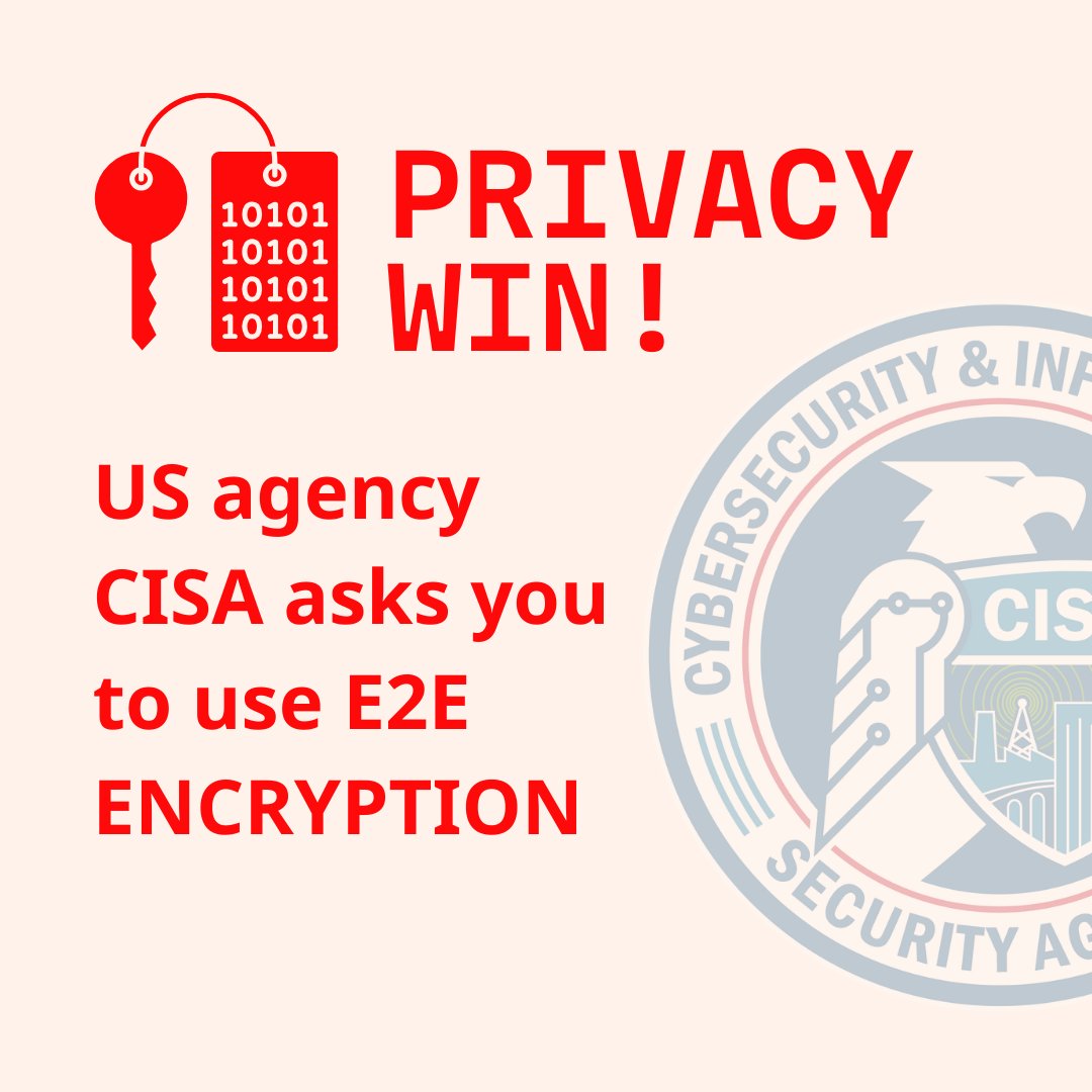 TutaPrivacy's tweet photo. 🚨 Privacy Win 🚨

The USA's loudest endorsement ever: CISA urges everyone to use encryption!

Use services like #Signal and #Tuta to secure your online communication.

Here's the news: https://t.co/ZjebIqs5K3 https://t.co/zKWaV4utbh