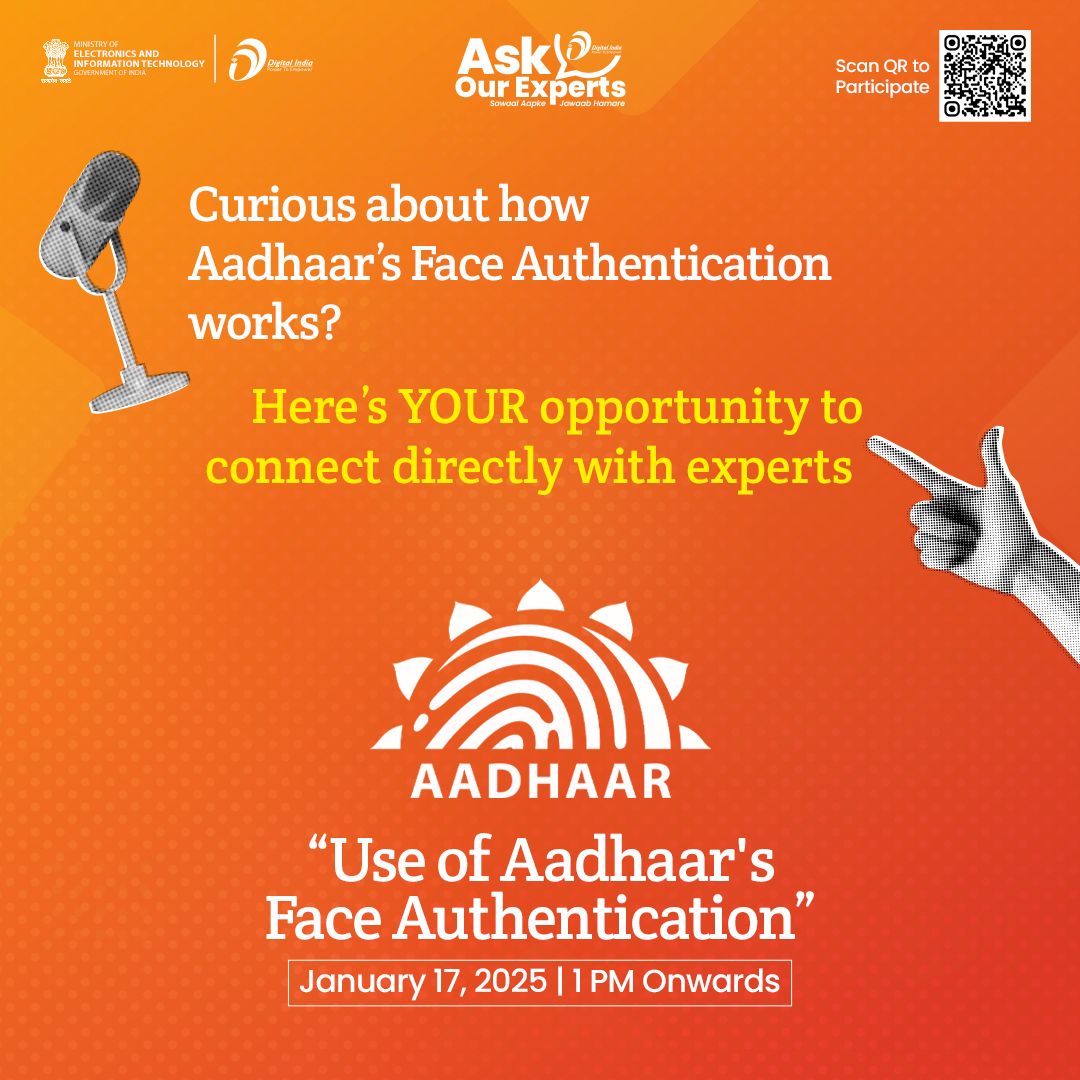 GoI_MeitY's tweet image. 🤔 Got Questions About Aadhaar Face Authentication?
📅 Join us LIVE on Friday, Jan 17 at 1 PM for Ask Our Experts! 💬 Get all your queries answered directly by Aadhaar experts!

#Aadhaar #FaceAuthentication #DigitalIndia #AskOurExperts @UIDAI @GoI_MeitY @NeGD_GoI