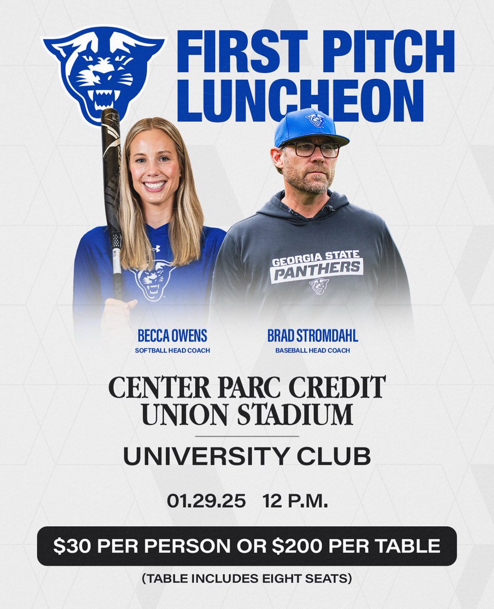 Join us in the University Club for our First Pitch Luncheon as we begin our 2025 Baseball and Softball seasons! 

Hear from our coaches, interact with our student-athletes, and enjoy some fellowship and food with fellow Panthers!

Ticket purchasing link attached below💙