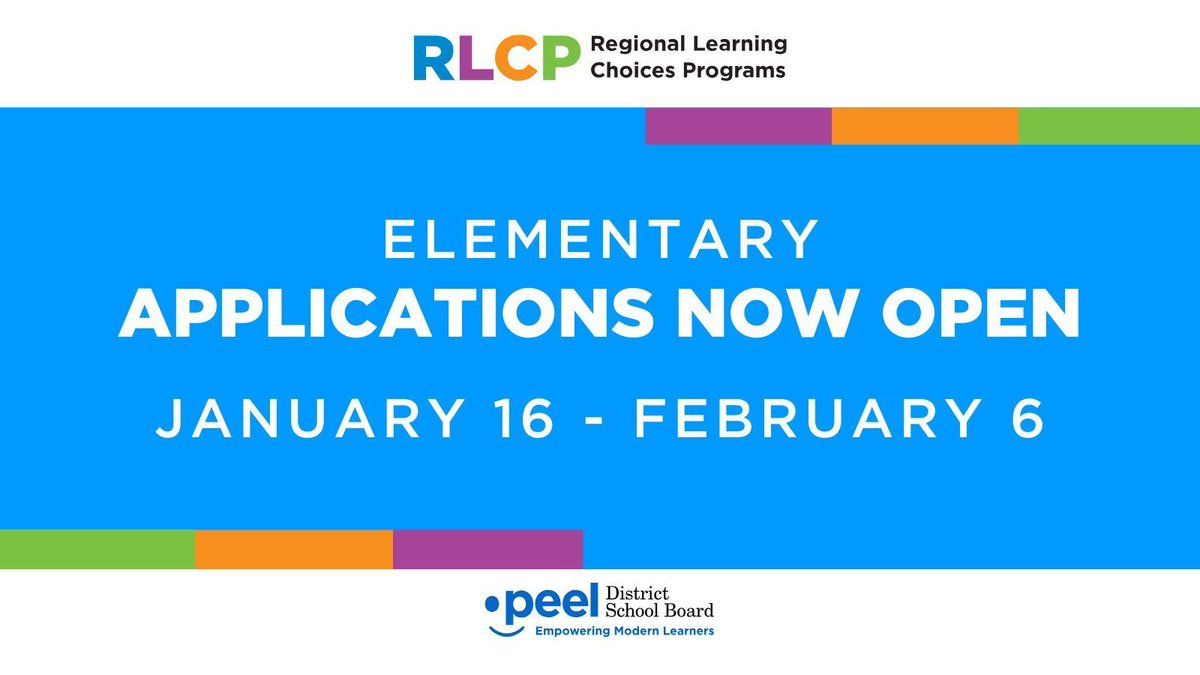 Applications are now open until February 6 at 3:00 p.m. for the Elementary Regional Learning Choices Programs! 

Learn more peelschools.org/elementary-reg…