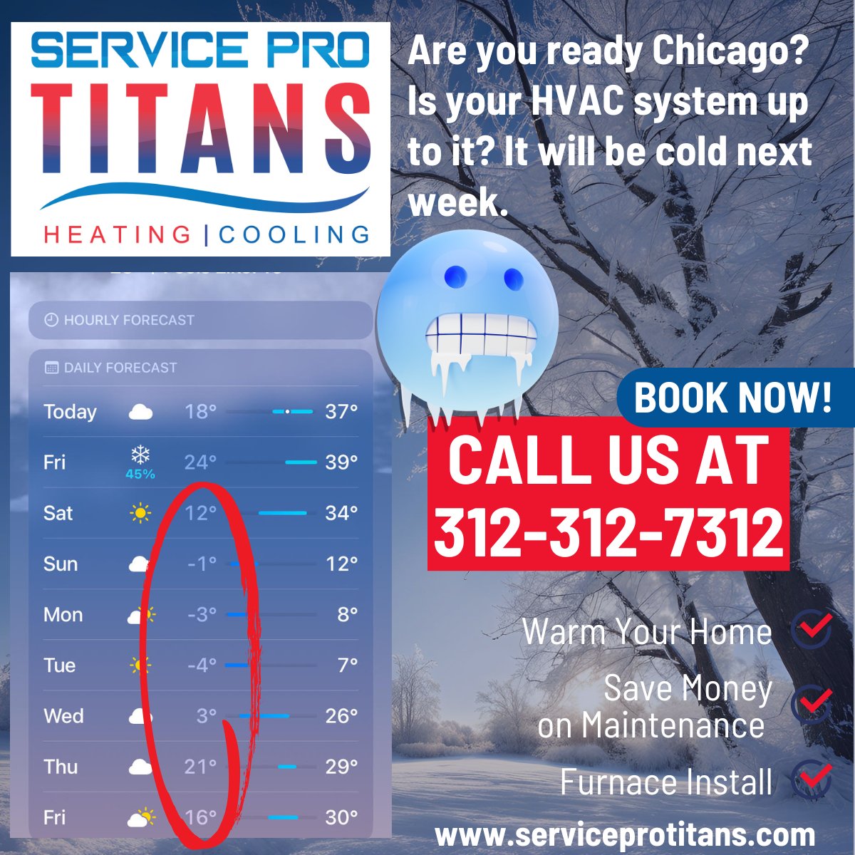 SPTitans's tweet photo. Next week in Chicago, temperatures are expected to be quite cold, with daytime highs generally ranging from the teens to single digits. 
Is your furnace or boiler ready? Give us a call at 312-312-7312 to schedule maintenance or repairs to your heating system. https://t.co/uByW3pJAr9
