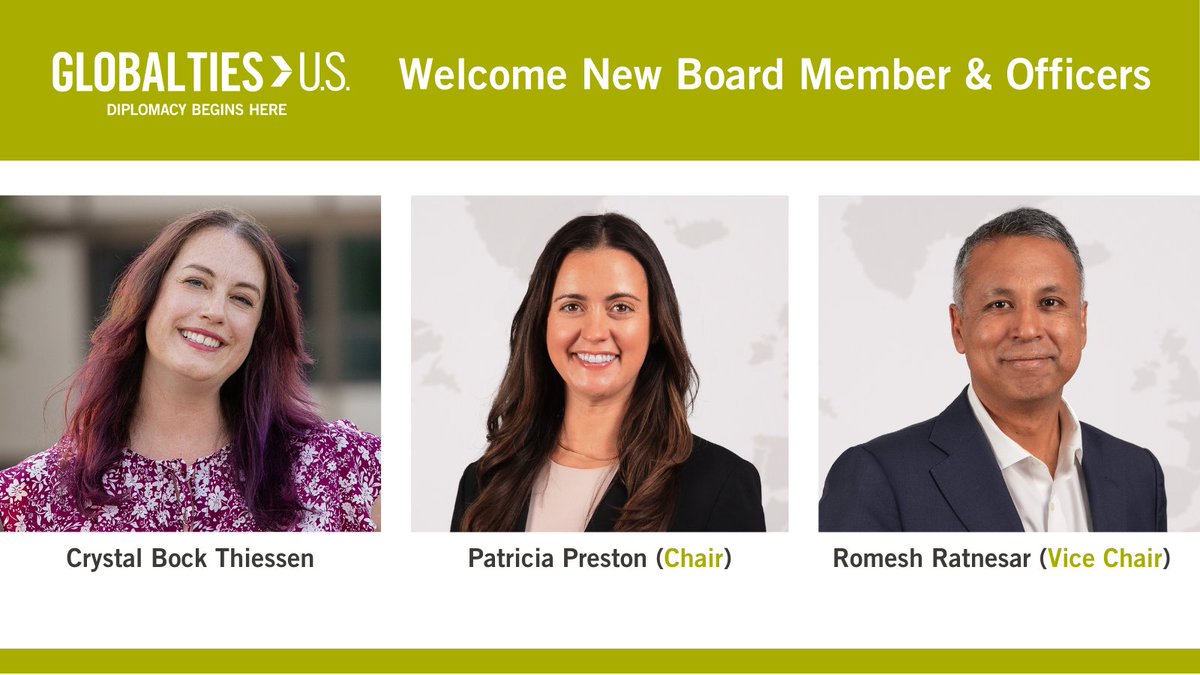 Global Ties U.S. (@globaltiesus) on Twitter photo Welcome Crystal Bock Thiessen (<a href="/GlobalTiesNE/">Global Ties Nebraska</a>) to the Global Ties U.S. Board of Directors and congratulations to our new Board Chair Patricia Preston (<a href="/VCWA/">Vermont Council on World Affairs</a>) and Vice Chair @RomeshRatnesar on their elections. Read more about these #PublicDiplomacy leaders: gties.us/3Wm4mo2 Welcome Crystal Bock Thiessen (<a href="/GlobalTiesNE/">Global Ties Nebraska</a>) to the Global Ties U.S. Board of Directors and congratulations to our new Board Chair Patricia Preston (<a href="/VCWA/">Vermont Council on World Affairs</a>) and Vice Chair @RomeshRatnesar on their elections. Read more about these #PublicDiplomacy leaders: gties.us/3Wm4mo2