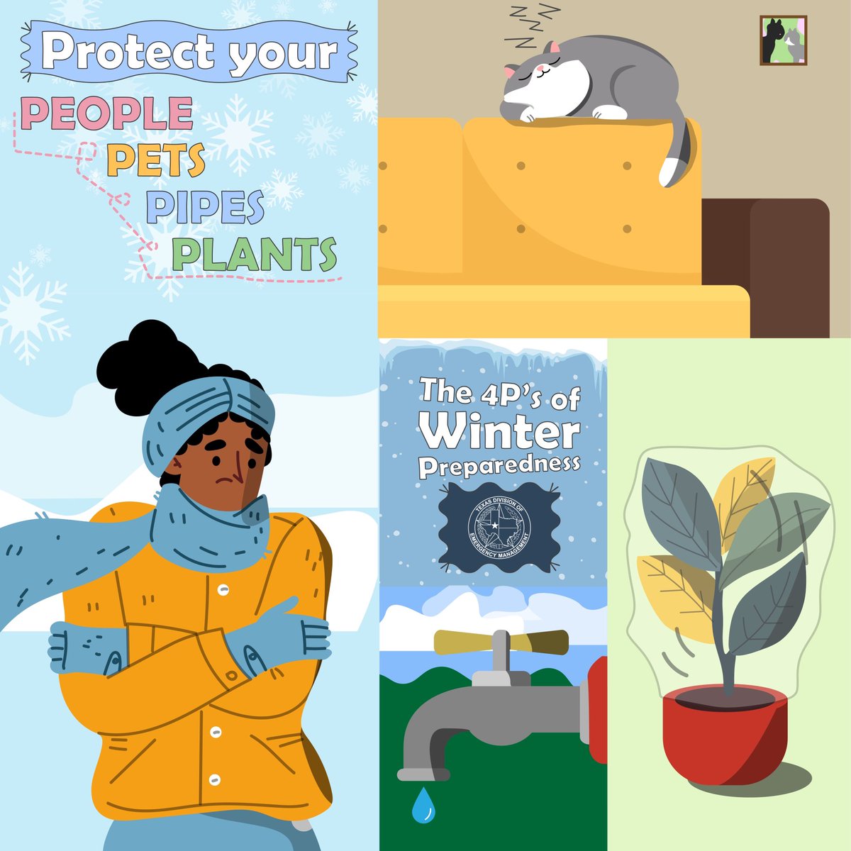 Cold Weather Is Coming! Temperatures are expected to drop next week.🥶

Remember to protect the 4 P's:

🗣️People
🐱Pets
🚰Pipes
🌱Plants

Are You Ready?

Tips: texasready.gov/be-informed/na…

#txwx