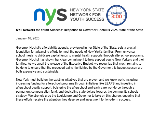 <a href="/GovKathyHochul/">Governor Kathy Hochul</a> #SOTS on Tuesday showed her clear commitment to supporting young NY'ers and NY families. Hoping the Exec. Budget increases investments in existing initiatives we know works, including our state #afterschool programs and #communityschools!