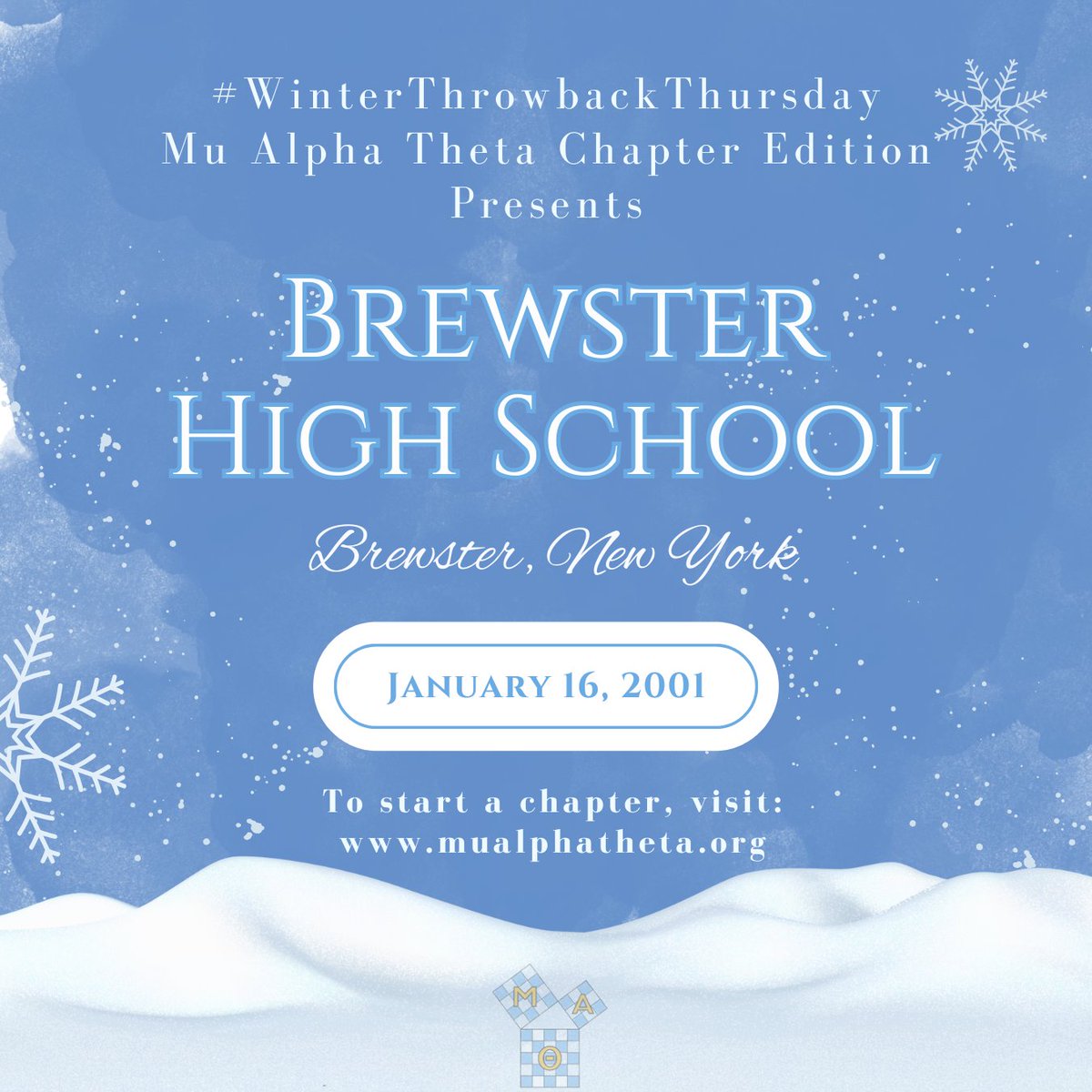 MATNatlOffice's tweet image. Throwing it back to a chilly January 16th, 2001, when Brewster High School in Brewster, NY, launched their Mu Alpha Theta chapter! ❄️ 24 years later, they’re still going strong with 55 members and the support of their co-sponsors, Matthew Tarby and Danielle Dnes. 📚✨ #WinterTBT