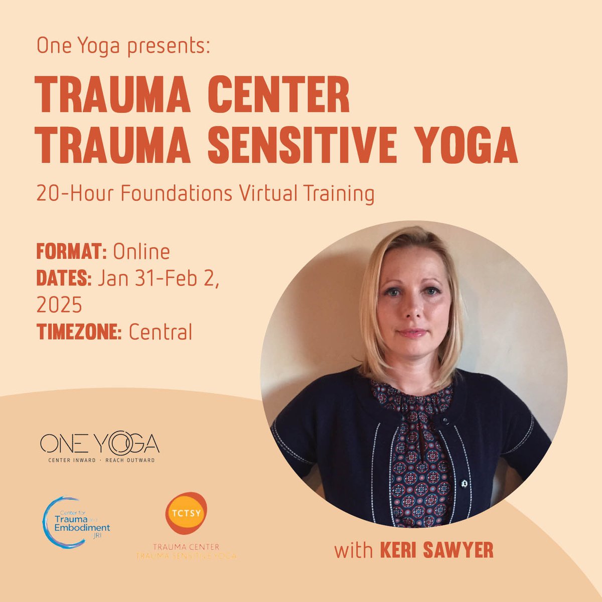 OneYoga's tweet photo. Join us Jan 31-Feb 2 for our Trauma Center Trauma Sensitive Yoga Virtual Training led by Keri Sawyer.

Your Investment:
- $350 for the 3-day training
- Scholarships, giving opportunities, and payment plans are available

Learn more and register now at https://t.co/tLFfArjJax https://t.co/hOD81yRLSd