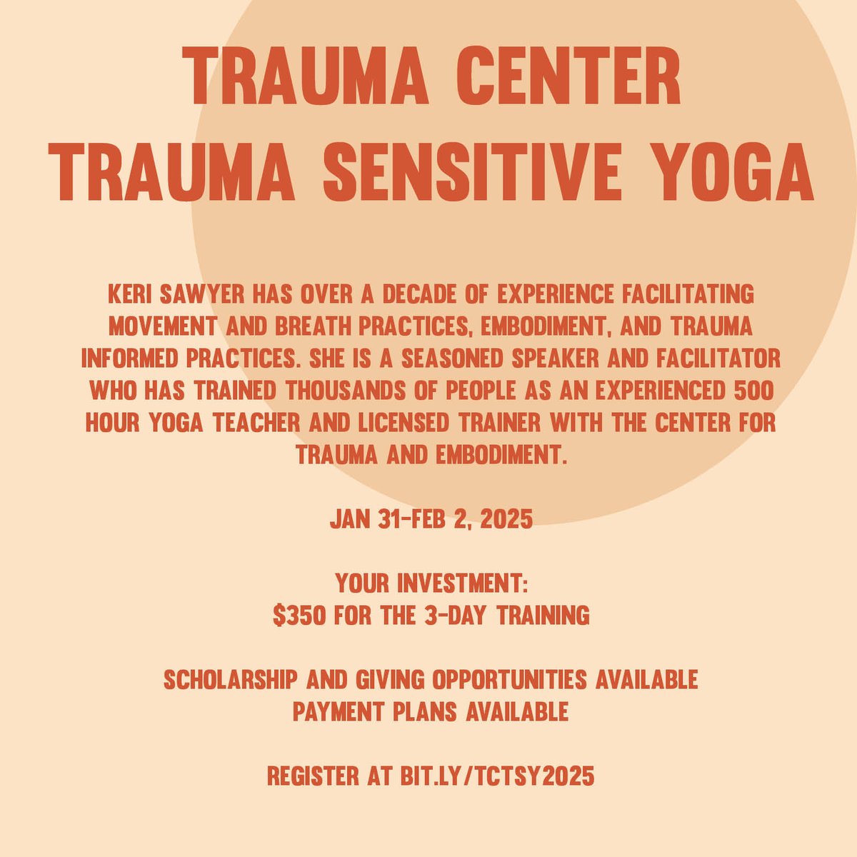 OneYoga's tweet photo. Join us Jan 31-Feb 2 for our Trauma Center Trauma Sensitive Yoga Virtual Training led by Keri Sawyer.

Your Investment:
- $350 for the 3-day training
- Scholarships, giving opportunities, and payment plans are available

Learn more and register now at https://t.co/tLFfArjJax https://t.co/hOD81yRLSd