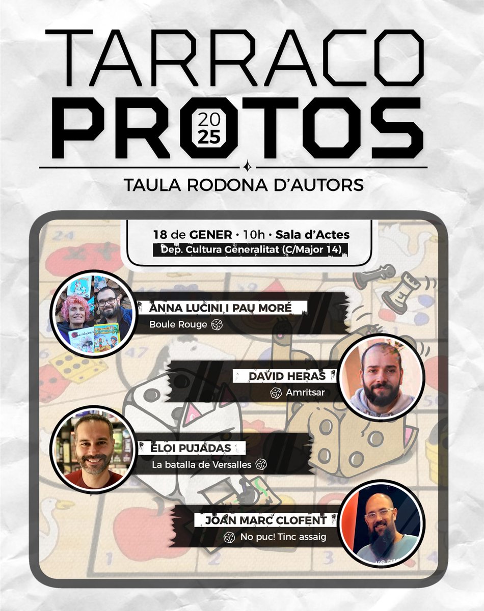 Dissabte 18 a les 10 del matí al carrer Major 14 de Tarragona, s'ha muntat una taula rodona molt xula de creadors. Hi participaran Eloi Pujadas <a href="/eloipujadas/">Eloi Pujadas</a> , Joan Marc Clofent <a href="/joanmarc_c/">Joan Marc Clofent</a> ,David Heras <a href="/DavidHerasP/">David Heras</a> ,Anna Lucini i Pau Moré x parlar de la creació d'un joc de taula!