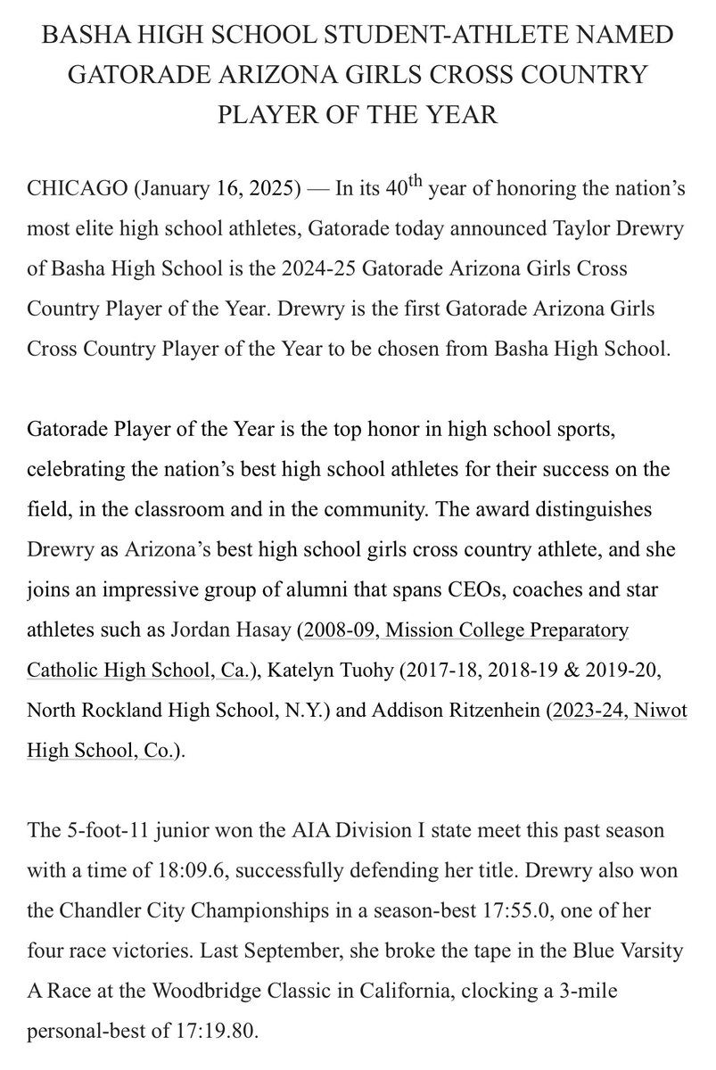 LSscribe's tweet image. NEWS: Basha junior Taylor Drewry is the 2024-2025 Arizona Gatorade Girls Cross Country Player of the Year.

Drewry successfully defended her Division I state title this past season and also ran the No. 3 time in Arizona for the 5,000m at 17:55. @azc_preps