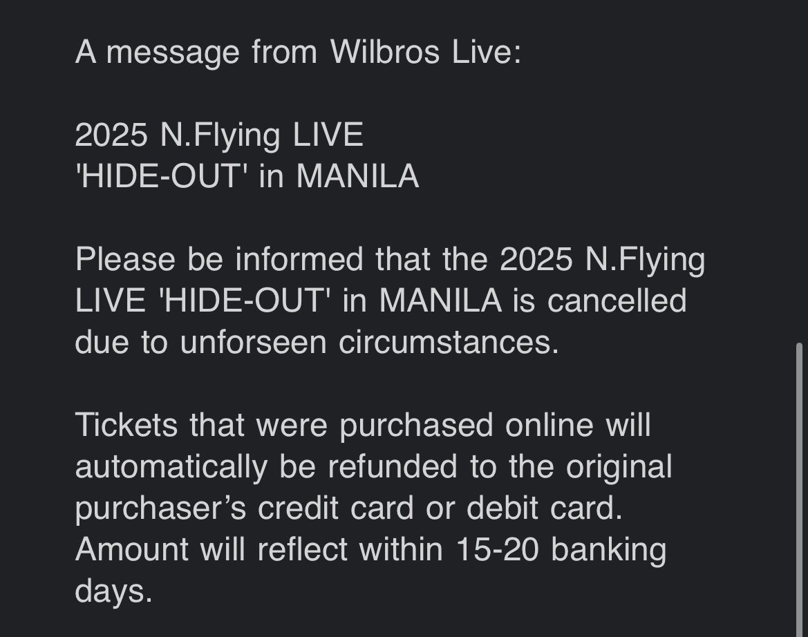 summerclary's tweet photo. I was so excited to watch N.Flying’s concert this January, but I just received an email today that the show is canceled. A sad day indeed. 😢 https://t.co/pdcwFeeHVD