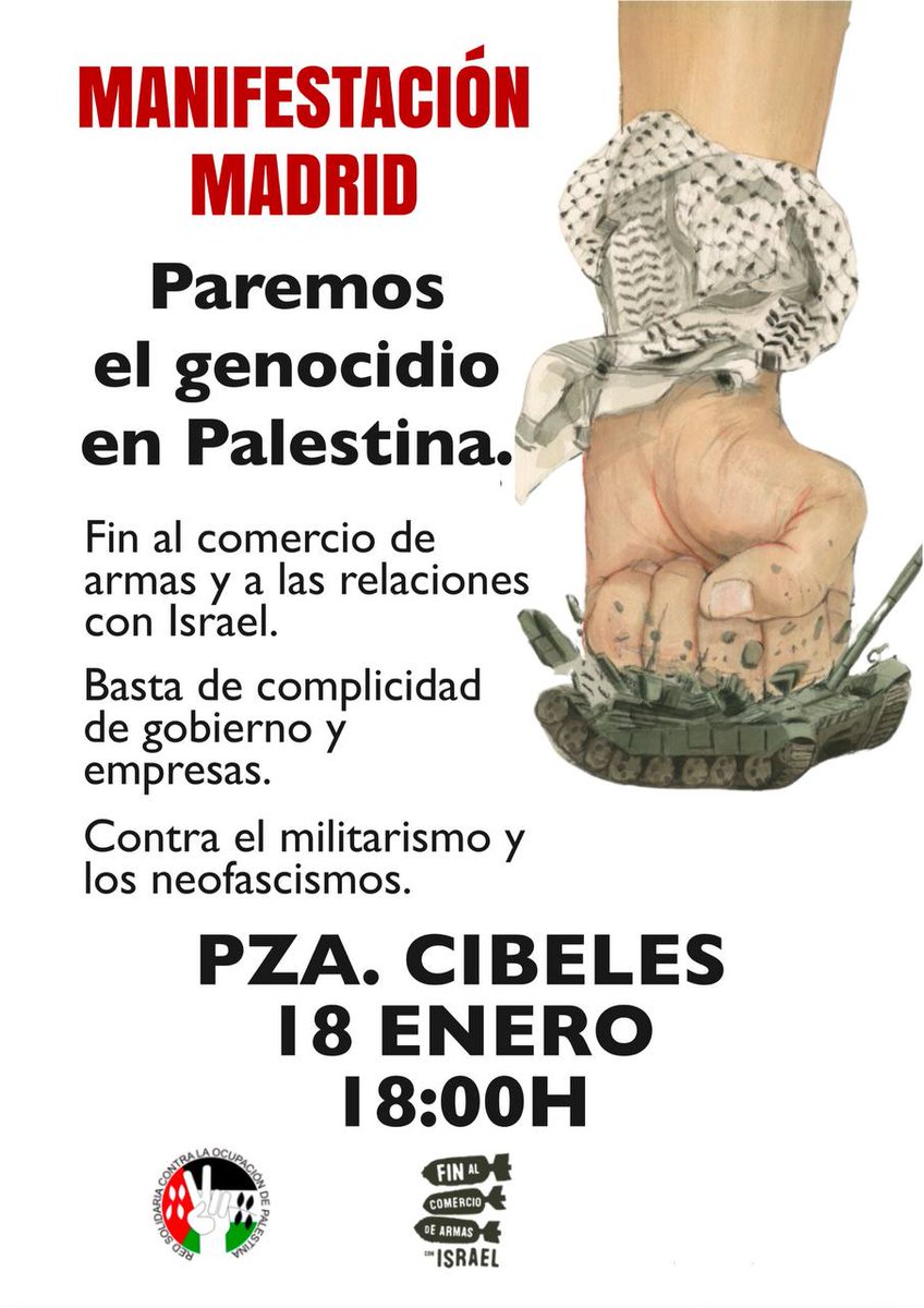 Nos pregutan si la manifestación del sábado 18 sigue en pie.
Por supuesto, el genocidio continúa, y Palestina sigue ocupada y colonizada. 
Vamos a seguir movilizándonos para presionar a que el gobierno imponga un embargo de armas y rompa relaciones con Israel.
#PalestinaLibre