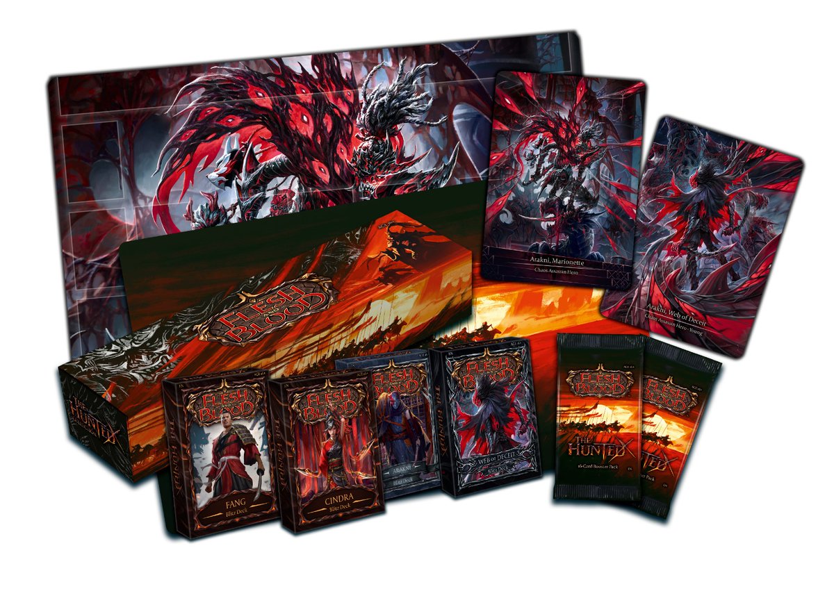 Les amis ! À l'occasion de la sortie de la nouvelle extension de <a href="/fabtcg/">Flesh and Blood</a> "The Hunted", je vous fais gagner un beau bundle avec :
- 1 Arakni Marvel adulte
- 1 Arakni Marvel jeune
- Tous les decks Blitz de l'extension
- 1 Playmat Arakni

Pour tenter de le remporter, il vous suffit