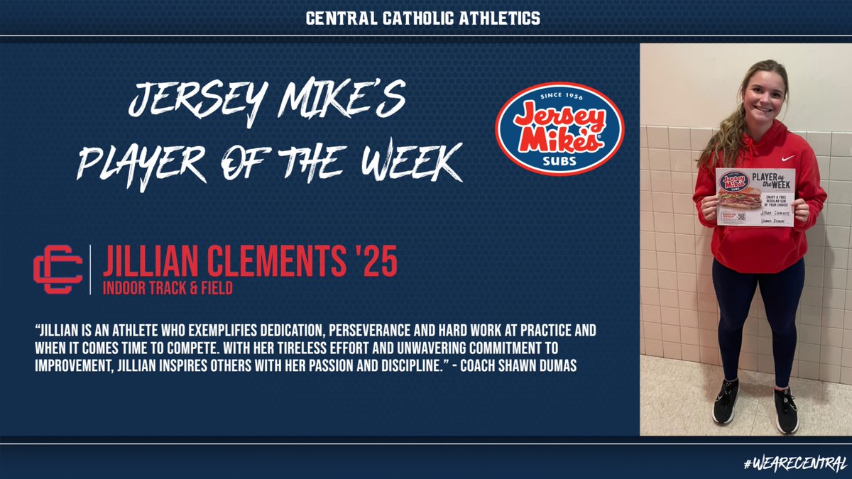 First <a href="/jerseymikes/">Jersey Mike's Subs</a> Student-Athlete of the Week is Jillian Clements! #wearecentral #astudentabove
<a href="/CCRaider_GTandF/">CCHS Girls T&F</a>