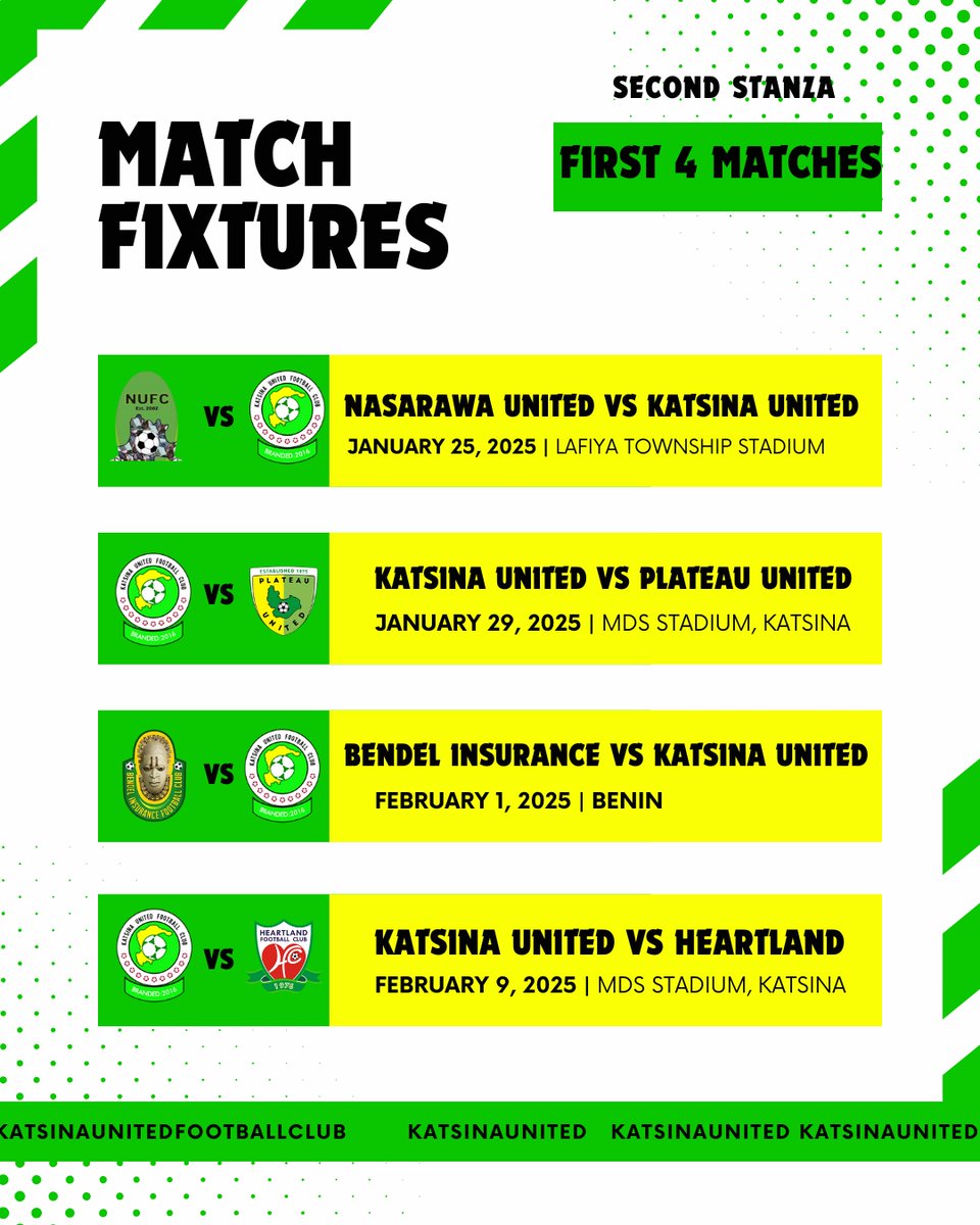 katsinaunited's tweet photo. WE ARE BACK! The second stanza begins with four mouth-watering fixtures for the Dikko Warriors.
LETS GO!!!!!!!!!
#NPFL25 #npflisback https://t.co/yoUTE99tBD