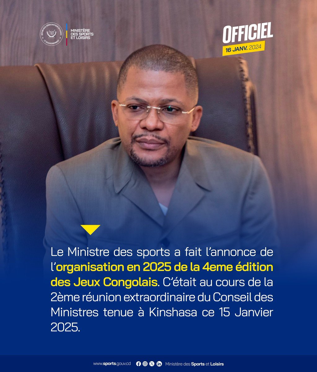 MinSport_Loisir's tweet photo. CONSEIL DES MINISTRES | MERC. 15 JANVIER 2025 
MINISTÈRE DES SPORTS ET LOISIRS
ORGANISATION DE LA 4ÈME EDITION DES JEUX CONGOLAIS 🇨🇩

#SportsRDC #loisirs #RDC https://t.co/e2KV78PF4v