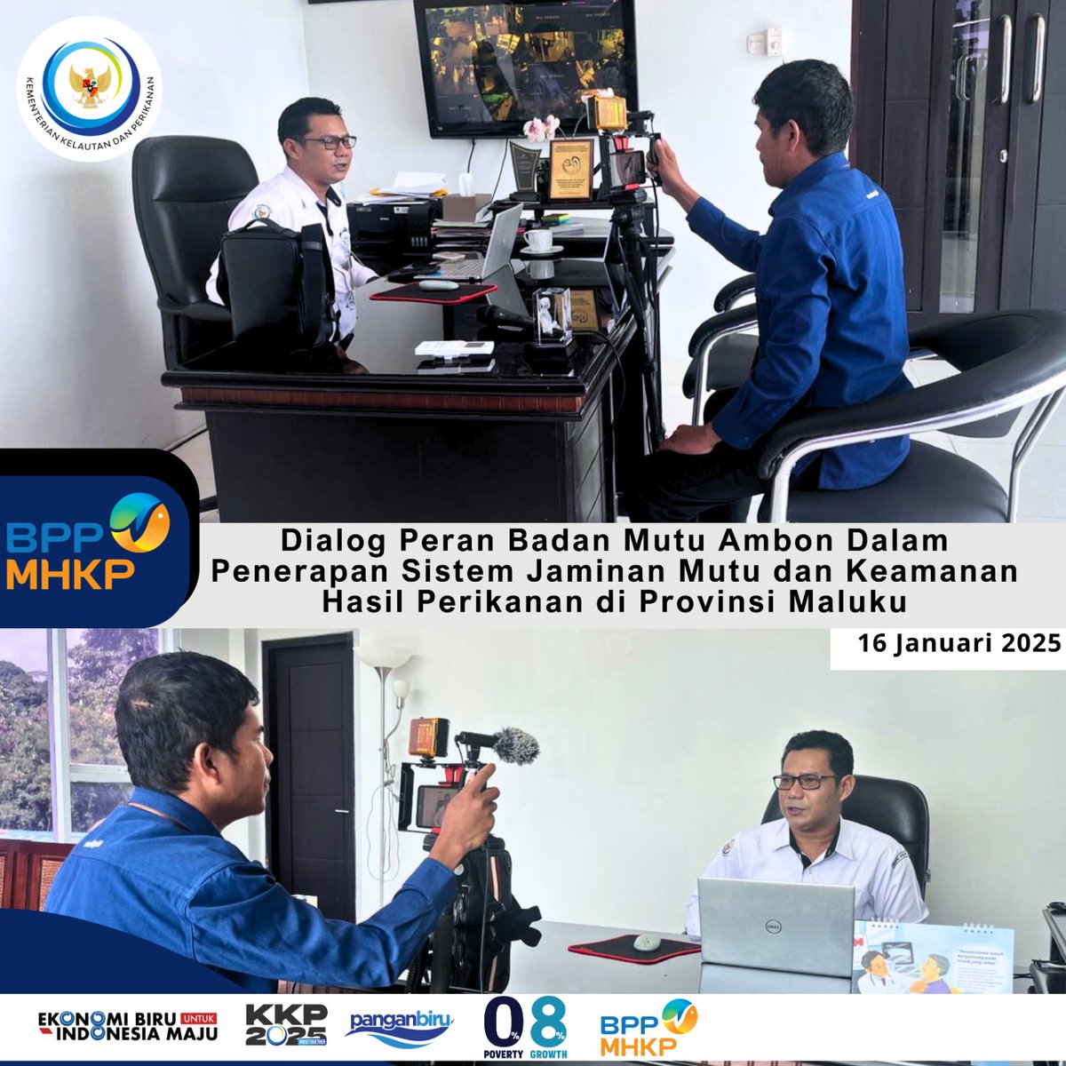 BPPMHKPAmbon's tweet photo. #Sahabatbahari. Ambon, 16/01/2025. Kepala Badan Mutu Ambon M. Hatta Arisandi menerima Kunjungan Tim TVRI Maluku dalam rangka Dialog tentang Peran Badan Mutu Ambon dalam penerapan sistem jaminan Mutu dan keamana hasil perikanan di Provinsi Maluku.
#BPPMHKP 
#2025KKPRiseTogether https://t.co/5SCPTaNKJR