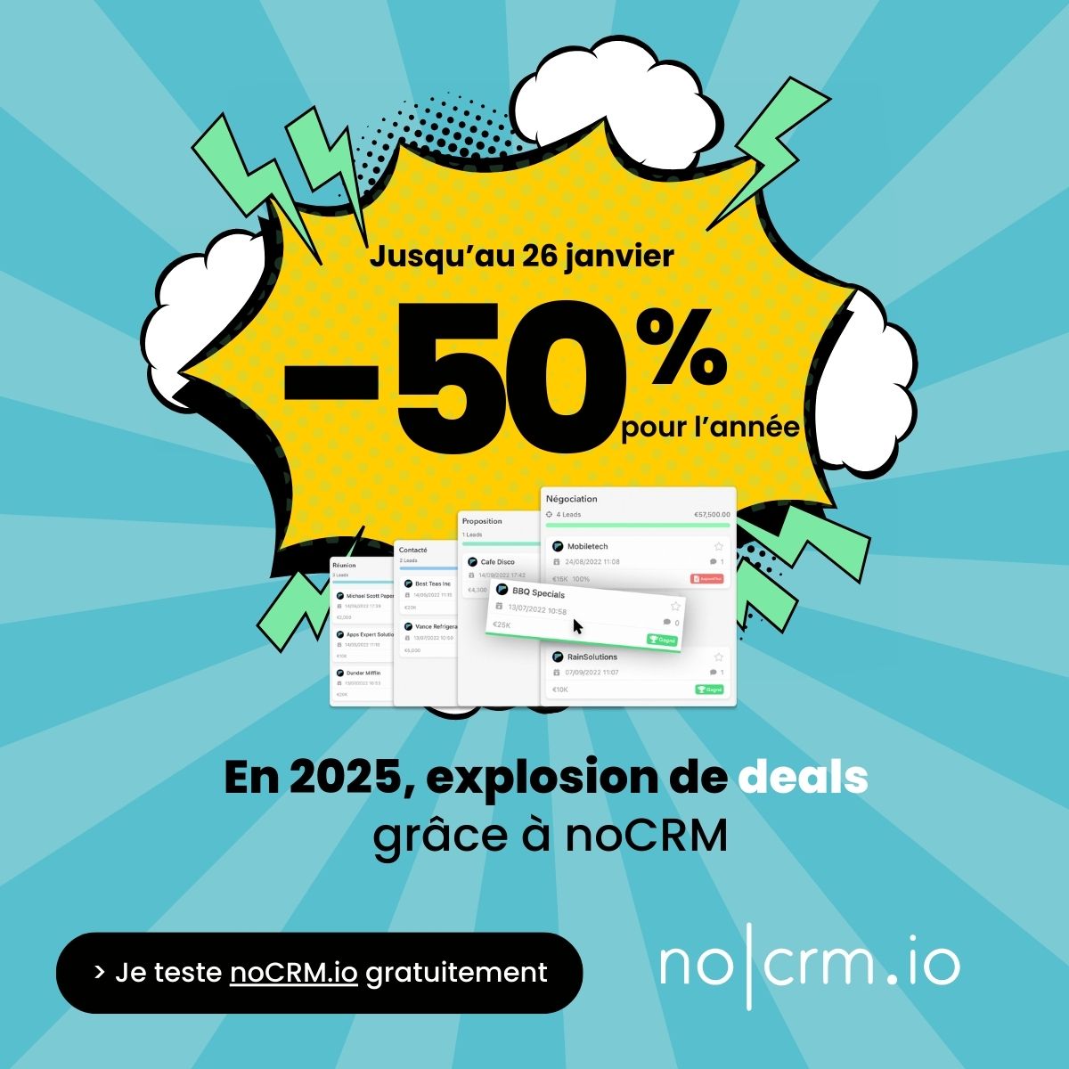 Pas encore de CRM pour piloter tes ventes ? Ou simplement envie de tester/comparer ?
🎁 Profite de 50% de réduction sur NoCRM : technique-de-vente.com/nocrm
👉 Code promo HAPPY25 (jusqu'au 26 janvier) 🥳

NB : il est aussi possible de tester gratuitement pendant 30 jours !