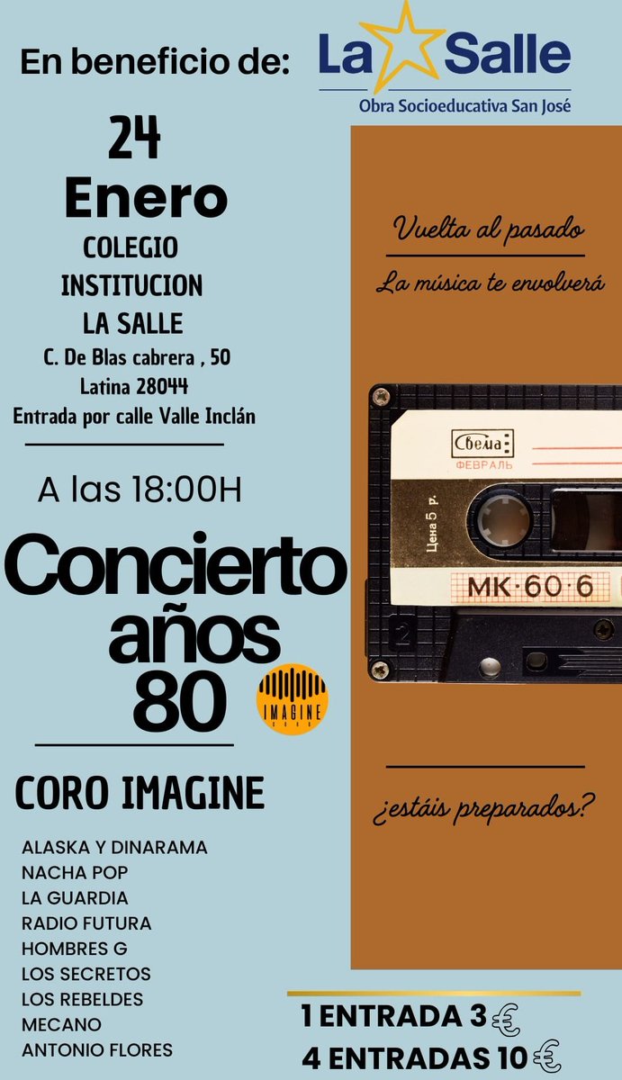 SalleObra's tweet photo. Concierto solidario en beneficio de la obra socioeducativa 
Viernes 24 de enero a las 18 h
El coro Imagine nos deleitará con un concierto de música de los 80
Entrada colaboración 3 euros 
Precio especial para familias 
Participa y ayúdanos a seguir ayudando https://t.co/p1fm7t0moI