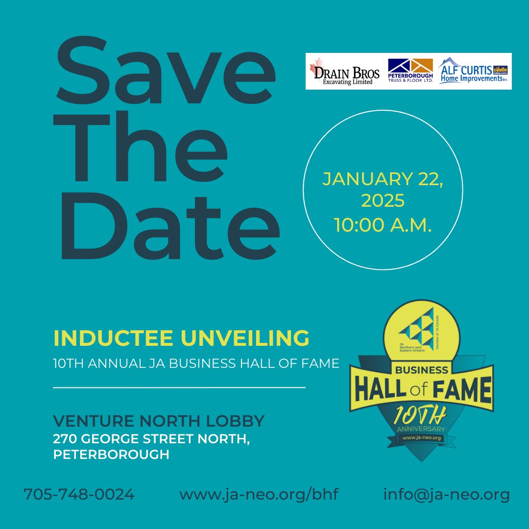 Please join us on January 22 at 10:00 a.m. as we announce the inductees for the 10th Annual JA Business Hall of Fame and Induction Ceremony for Peterborough. 
When: Wednesday, January 22, 2025  
Time: 10:00 a.m. sharp  
Where: Venture North Lobby (270 George Street North)