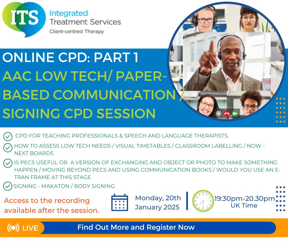 AAC Low Tech/ paper-based communication/signing CPD Session for Teaching professionals and speech and language therapists. 
Register:
eventbrite.co.uk/e/aac-low-tech…
<a href="/senco/">SENCO</a> <a href="/WeAreTeachers/">We Are Teachers</a> #speechandlanguage #teacher #primaryschool #secondaryschool #specialneeds