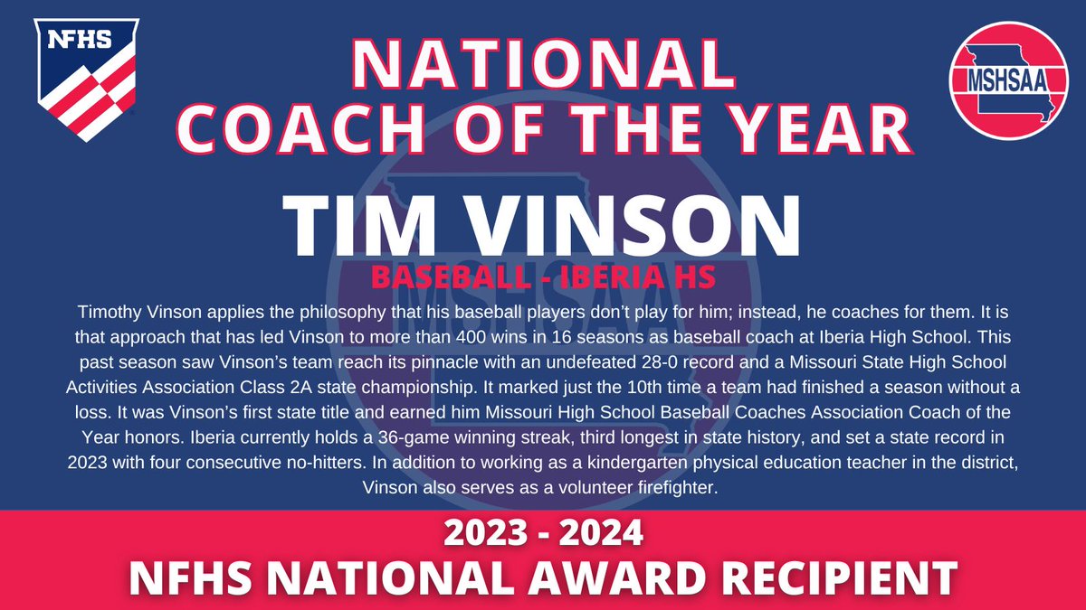 After state nominations, a number of Missouri coaches were selected as recipients of the Section V Coach of the Year. From those sectional nominations, Tim Vinson of Iberia HS, receives the National Coach of the Year award! Read our press release here: bit.ly/4jhC3B0