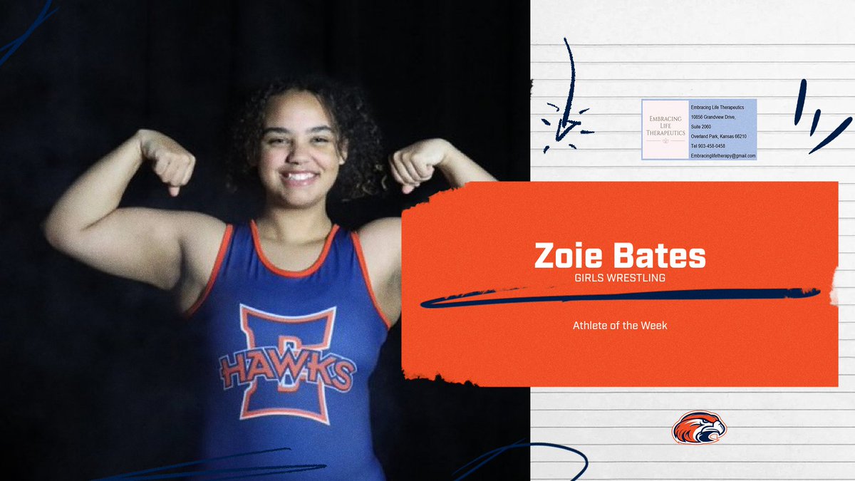 OEastAthletics's tweet photo. The Embracing Life Athlete of the Week is Lady Hawk Wrestler Zoie Bates.  Zoie has been on a path of personal &amp; physical growth and is a team leader. She gives her best on the mat and is focused on making it to state.  @OlatheEastHawks @CoachGriff_OE https://t.co/D6cehfDE6U