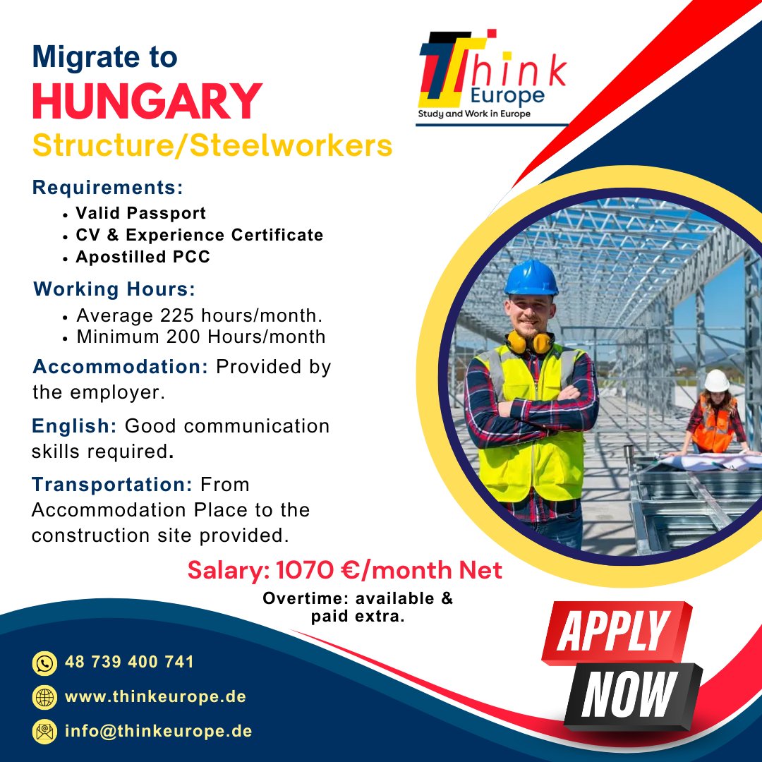 thinkeurope_de's tweet image. Build Your Future in Hungary!
We&apos;re hiring skilled Structure/Steel Workers!
 Smooth placement
 Thriving industry abroad
💬 WhatsApp: +48 739 400 741
📧 info@thinkeurope.de
🌐 thinkeurope.de/latest-job-ser…
#WorkInHungary #SkilledJobs #SteelWorkers #GlobalCareers #ThinkEurope #JobAbroad