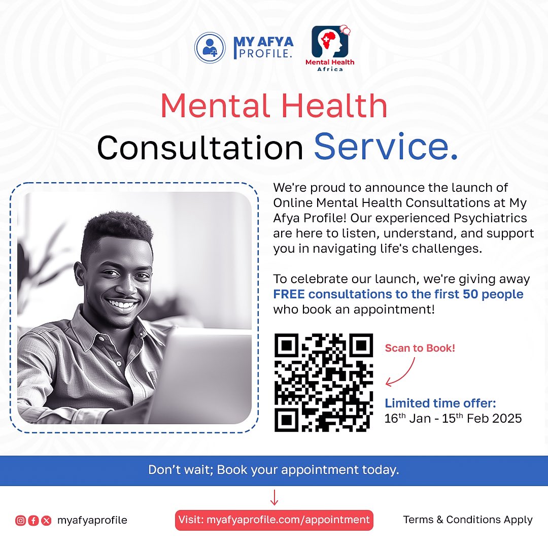 Big news! 💚 We now offer expert online mental health support!

🎁 First 50 bookers get FREE consultation; it’s a time limited offer, (16th Jan – 15th Feb 2025). 

Don’t wait, Book yourself a free consultation today! 

#mentalhealth #mentalhealthafrica #mentalhealthawareness