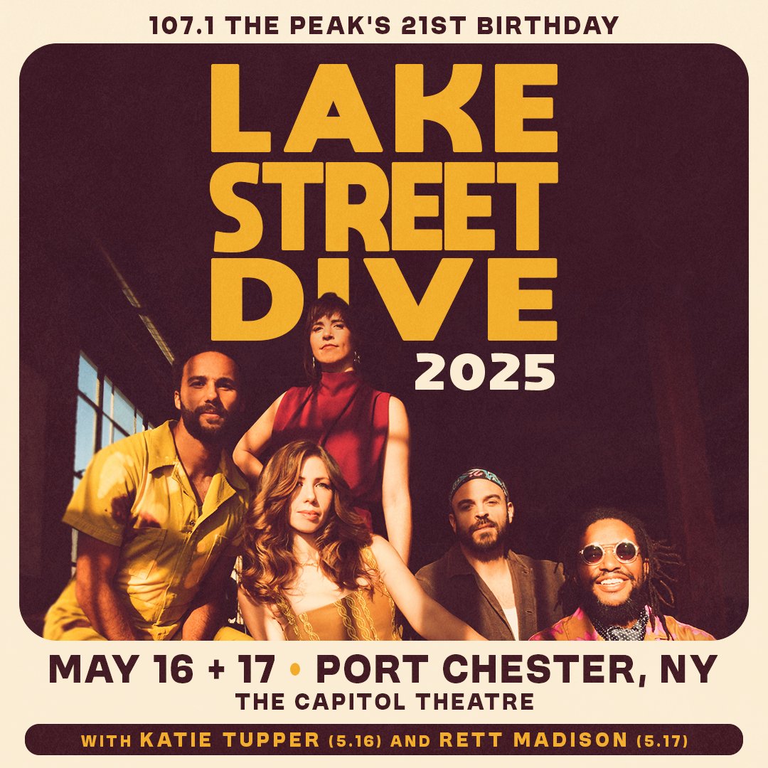 🌅 ON SALE NOW! 🌅 <a href="/LakeStreetDive/">Lake Street Dive</a> returns to The Original Rock Palace for back-to-back nights on MAY 16 + 17 for <a href="/1071_ThePeak/">107.1 The Peak</a>'s 21st birthday! 🎉 <a href="/KatieeTupperr/">Katie Tupper</a> and <a href="/RettMadison/">Rett Madison</a> start both nights, grab your tickets 🎫 now--&gt;&gt; brnw.ch/21wQ38n
